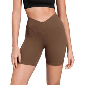 imageODODOS Cloud Feeling Cross Waist Yoga Shorts for Women 6quot Crossover High Waist Lounge Biker ShortsBrunette