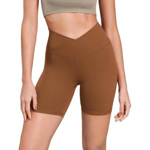 imageODODOS Cloud Feeling Cross Waist Yoga Shorts for Women 6quot Crossover High Waist Lounge Biker ShortsCaramel