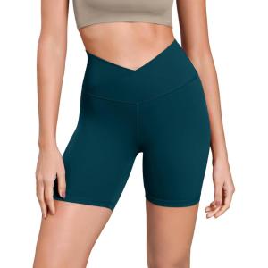 imageODODOS Cloud Feeling Cross Waist Yoga Shorts for Women 6quot Crossover High Waist Lounge Biker ShortsForest Teal