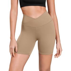imageODODOS Cloud Feeling Cross Waist Yoga Shorts for Women 6quot Crossover High Waist Lounge Biker ShortsLight Brown