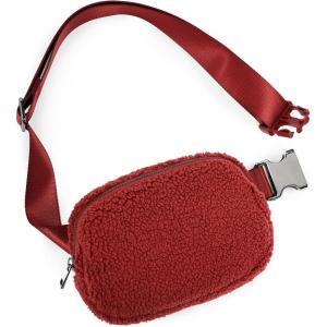 imageODODOS Fleece Mini Belt Bag with Adjustable Strap Sherpa Small Waist Pouch Fanny Pack for Workout Running Traveling Hiking BrownFleece Apple