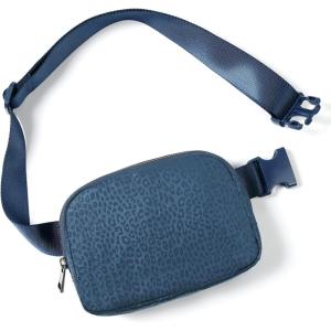 imageODODOS Fleece Mini Belt Bag with Adjustable Strap Sherpa Small Waist Pouch Fanny Pack for Workout Running Traveling Hiking BrownLeopard Navy