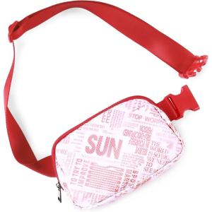 imageODODOS Fleece Mini Belt Bag with Adjustable Strap Sherpa Small Waist Pouch Fanny Pack for Workout Running Traveling Hiking BrownLetters Red