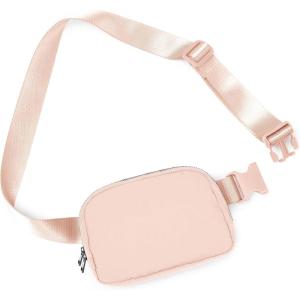 imageODODOS Fleece Mini Belt Bag with Adjustable Strap Sherpa Small Waist Pouch Fanny Pack for Workout Running Traveling Hiking BrownPale Coral