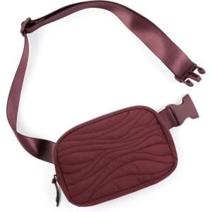 imageODODOS Fleece Mini Belt Bag with Adjustable Strap Sherpa Small Waist Pouch Fanny Pack for Workout Running Traveling Hiking BrownQuilted Wine
