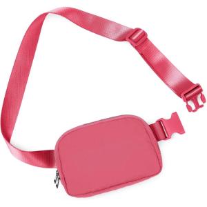 imageODODOS Fleece Mini Belt Bag with Adjustable Strap Sherpa Small Waist Pouch Fanny Pack for Workout Running Traveling Hiking BrownRaspberry