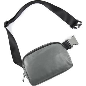 imageODODOS Fleece Mini Belt Bag with Adjustable Strap Sherpa Small Waist Pouch Fanny Pack for Workout Running Traveling Hiking BrownVegan Leather Matt Grey