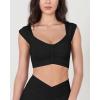 imageODODOS Ruched Front Crop Tank for Women VNeck Cut Out Back Cap Sleeve Cropped TopsBlack