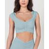 imageODODOS Ruched Front Crop Tank for Women VNeck Cut Out Back Cap Sleeve Cropped TopsChambray