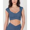 imageODODOS Ruched Front Crop Tank for Women VNeck Cut Out Back Cap Sleeve Cropped TopsInk Blue