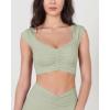 imageODODOS Ruched Front Crop Tank for Women VNeck Cut Out Back Cap Sleeve Cropped TopsLime Stone