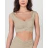 imageODODOS Ruched Front Crop Tank for Women VNeck Cut Out Back Cap Sleeve Cropped TopsShaker Beige