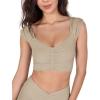 imageODODOS Ruched Front Crop Tank for Women VNeck Cut Out Back Cap Sleeve Cropped TopsShaker Beige