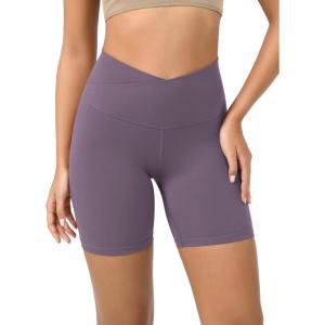 imageODODOS Cloud Feeling Crossover Yoga Shorts with Back Pocket for Women 6quot  8 V High Wasit Lounge Biker ShortsAsh Violet