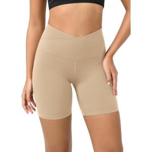 imageODODOS Cloud Feeling Crossover Yoga Shorts with Back Pocket for Women 6quot  8 V High Wasit Lounge Biker ShortsBeige