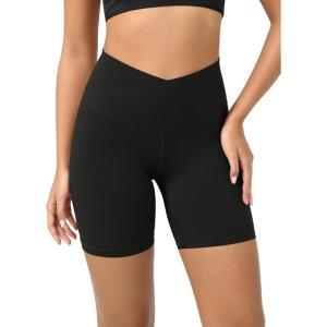 imageODODOS Cloud Feeling Crossover Yoga Shorts with Back Pocket for Women 6quot  8 V High Wasit Lounge Biker ShortsBlack