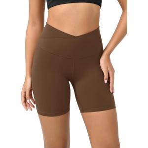 imageODODOS Cloud Feeling Crossover Yoga Shorts with Back Pocket for Women 6quot  8 V High Wasit Lounge Biker ShortsBrunette