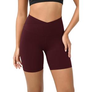 imageODODOS Cloud Feeling Crossover Yoga Shorts with Back Pocket for Women 6quot  8 V High Wasit Lounge Biker ShortsBurgundy