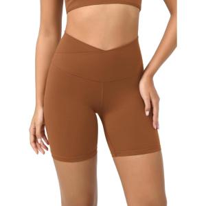 imageODODOS Cloud Feeling Crossover Yoga Shorts with Back Pocket for Women 6quot  8 V High Wasit Lounge Biker ShortsCaramel