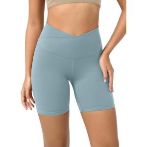imageODODOS Cloud Feeling Crossover Yoga Shorts with Back Pocket for Women 6quot  8 V High Wasit Lounge Biker ShortsChambray