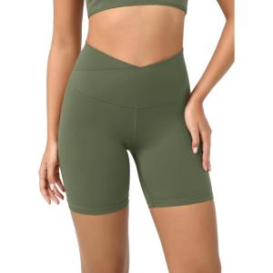 imageODODOS Cloud Feeling Crossover Yoga Shorts with Back Pocket for Women 6quot  8 V High Wasit Lounge Biker ShortsDark Olive