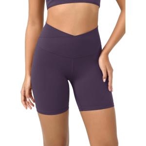 imageODODOS Cloud Feeling Crossover Yoga Shorts with Back Pocket for Women 6quot  8 V High Wasit Lounge Biker ShortsDark Purple