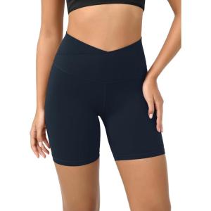 imageODODOS Cloud Feeling Crossover Yoga Shorts with Back Pocket for Women 6quot  8 V High Wasit Lounge Biker ShortsDeep Navy