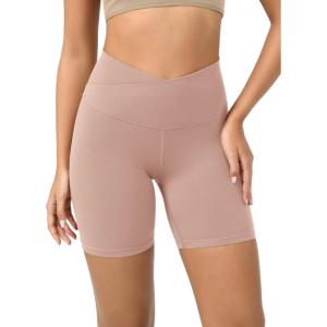 imageODODOS Cloud Feeling Crossover Yoga Shorts with Back Pocket for Women 6quot  8 V High Wasit Lounge Biker ShortsDusty Pink