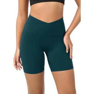 imageODODOS Cloud Feeling Crossover Yoga Shorts with Back Pocket for Women 6quot  8 V High Wasit Lounge Biker ShortsForest Teal