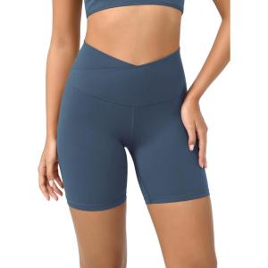imageODODOS Cloud Feeling Crossover Yoga Shorts with Back Pocket for Women 6quot  8 V High Wasit Lounge Biker ShortsInk Blue
