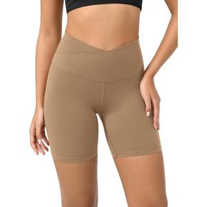 imageODODOS Cloud Feeling Crossover Yoga Shorts with Back Pocket for Women 6quot  8 V High Wasit Lounge Biker ShortsLight Brown