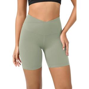 imageODODOS Cloud Feeling Crossover Yoga Shorts with Back Pocket for Women 6quot  8 V High Wasit Lounge Biker ShortsLime Stone