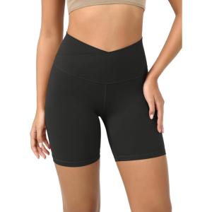 imageODODOS Cloud Feeling Crossover Yoga Shorts with Back Pocket for Women 6quot  8 V High Wasit Lounge Biker ShortsOnyx Black Grey