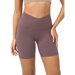 imageODODOS Cloud Feeling Crossover Yoga Shorts with Back Pocket for Women 6quot  8 V High Wasit Lounge Biker ShortsPurple Taupe