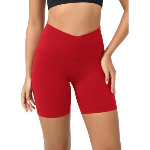 imageODODOS Cloud Feeling Crossover Yoga Shorts with Back Pocket for Women 6quot  8 V High Wasit Lounge Biker ShortsRed