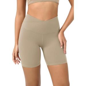 imageODODOS Cloud Feeling Crossover Yoga Shorts with Back Pocket for Women 6quot  8 V High Wasit Lounge Biker ShortsShaker Beige