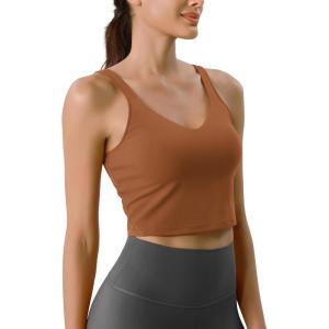 imageODODOS Cloud Feeling Tank Bra for Women U Back Wirefree Longline Sports Bra Yoga Crop TopCaramel