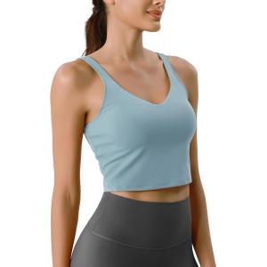 imageODODOS Cloud Feeling Tank Bra for Women U Back Wirefree Longline Sports Bra Yoga Crop TopChambray