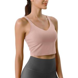 imageODODOS Cloud Feeling Tank Bra for Women U Back Wirefree Longline Sports Bra Yoga Crop TopDusty Pink