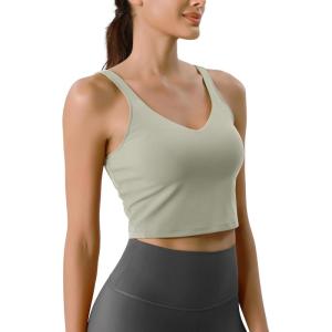 imageODODOS Cloud Feeling Tank Bra for Women U Back Wirefree Longline Sports Bra Yoga Crop TopLime Stone