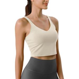 imageODODOS Cloud Feeling Tank Bra for Women U Back Wirefree Longline Sports Bra Yoga Crop TopOat Milk