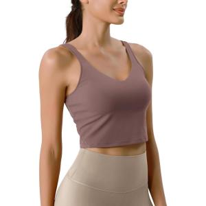 imageODODOS Cloud Feeling Tank Bra for Women U Back Wirefree Longline Sports Bra Yoga Crop TopPurple Taupe
