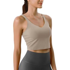 imageODODOS Cloud Feeling Tank Bra for Women U Back Wirefree Longline Sports Bra Yoga Crop TopShaker Beige