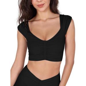imageODODOS Ruched Front Crop Tank for Women VNeck Cut Out Back Cap Sleeve Cropped TopsBlack