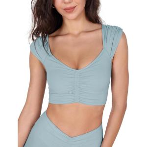 imageODODOS Ruched Front Crop Tank for Women VNeck Cut Out Back Cap Sleeve Cropped TopsChambray