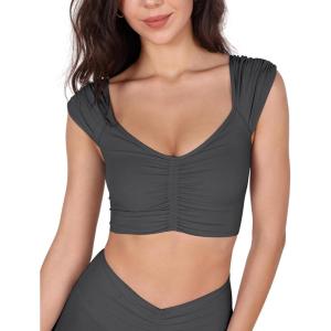 imageODODOS Ruched Front Crop Tank for Women VNeck Cut Out Back Cap Sleeve Cropped TopsCharcoal