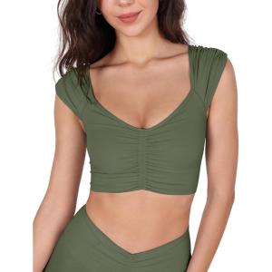imageODODOS Ruched Front Crop Tank for Women VNeck Cut Out Back Cap Sleeve Cropped TopsDark Olive