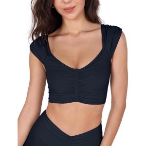 imageODODOS Ruched Front Crop Tank for Women VNeck Cut Out Back Cap Sleeve Cropped TopsDeep Navy