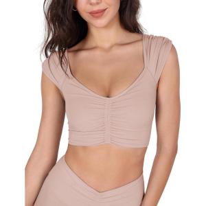 imageODODOS Ruched Front Crop Tank for Women VNeck Cut Out Back Cap Sleeve Cropped TopsDusty Pink