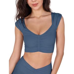 imageODODOS Ruched Front Crop Tank for Women VNeck Cut Out Back Cap Sleeve Cropped TopsInk Blue